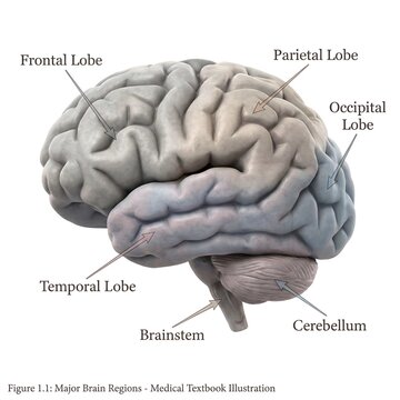 Labeled Human Brain Anatomy Illustration Showing Major Brain Regions on White Background