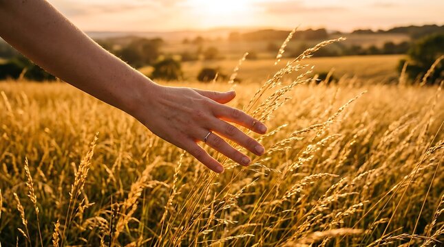 Hand Touching Golden Grass in Sunset Field