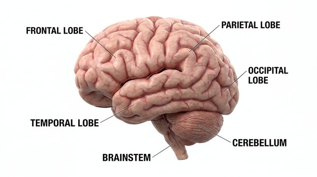 Human Brain Anatomy Illustration with Frontal, Parietal, Temporal, Occipital Lobes and Cerebellum