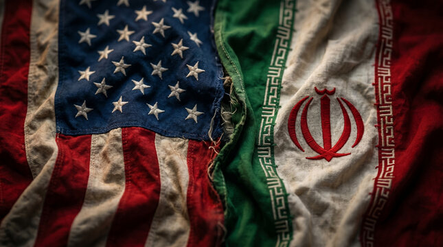 American and iranian flags sewn together in symbolic representation of complex diplomatic relations and geopolitical tensions between two nations.