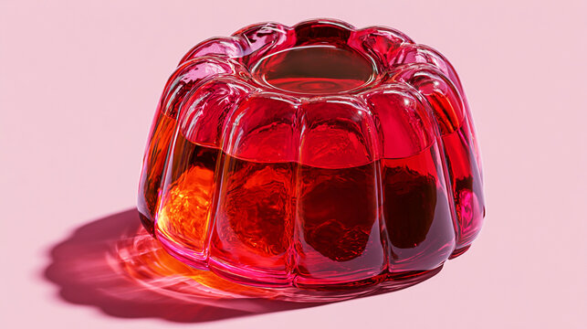 Retro red gelatin dessert on pink background with glossy translucent texture