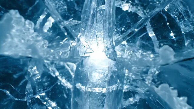 Shattering ice crystal fracture with bright frozen core and radiating cracks, cold blue crystalline structure breaking apart into sharp shards, abstract winter texture with glowing center.