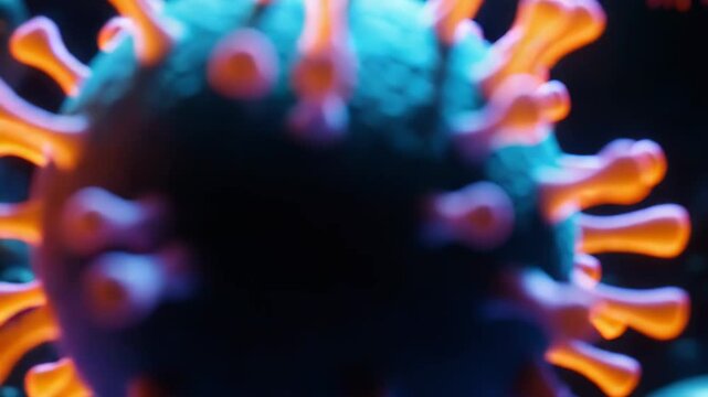 Microscopic virus particle with a textured blue core and orange spike proteins, floating against a dark background with blurred cellular elements, symbolizing disease and research