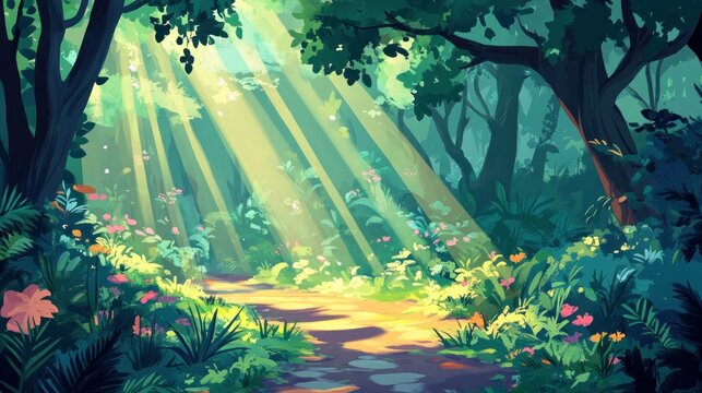 Sunbeams illuminate a magical forest path.
