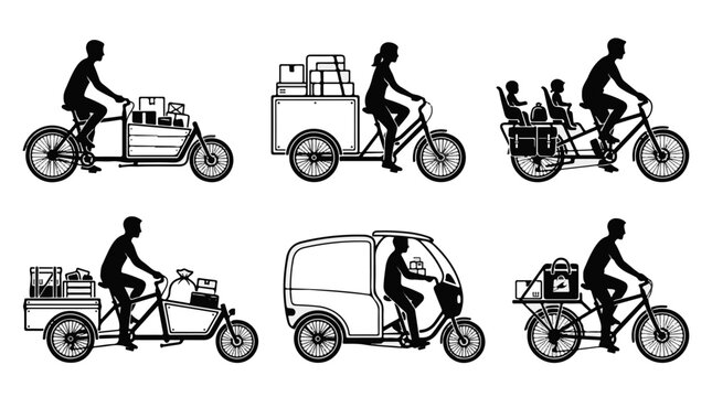 Diverse Cargo Bicycles and Delivery Vehicles Carrying Goods and Passengers