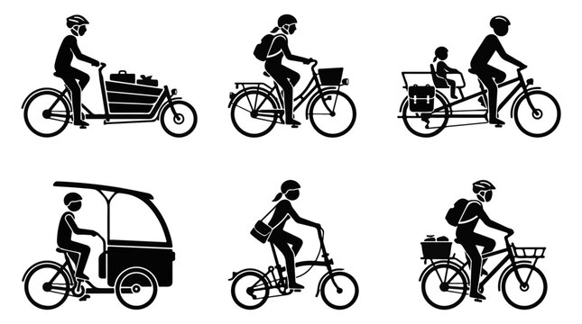 Diverse Group of People Riding Various Bicycles and Cycle Rickshaw