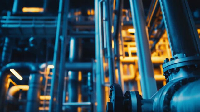 Industrial facility featuring a complex network of metal pipes, flanges, and connecting valves, highlighting the intricate engineering of modern manufacturing and energy systems