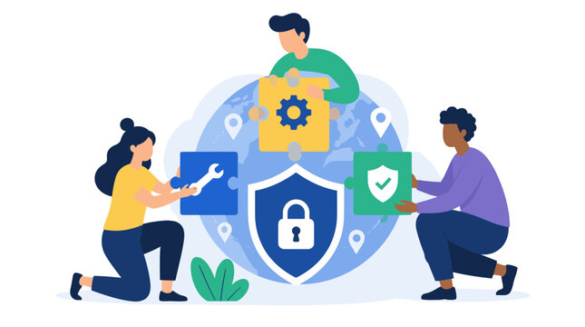 Team collaborates to secure digital shield illustration.