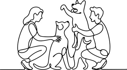 Continuous line art of a couple kneeling and playing with their two pet dogs in a minimalist style © faiqa