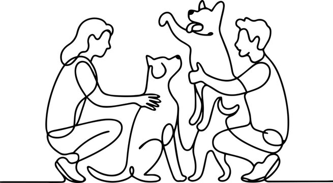Continuous line art of a couple kneeling and playing with their two pet dogs in a minimalist style