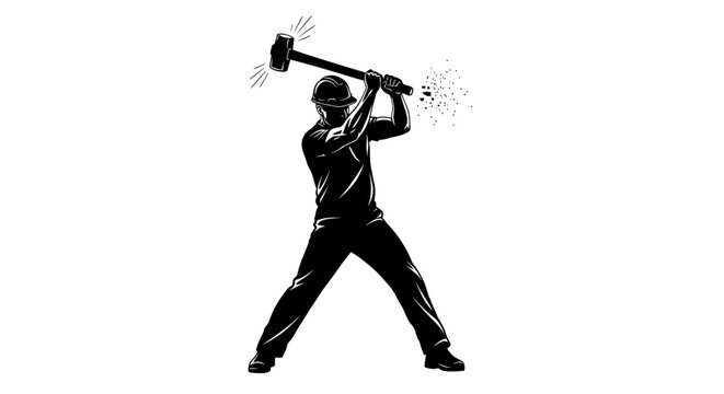 Demolition Worker Swinging Sledgehammer, Breaking Object, Construction Concept