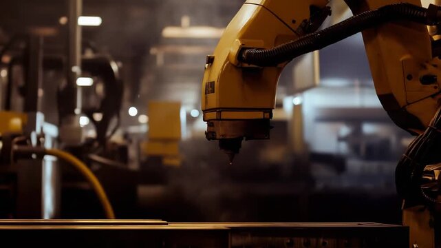 Robotic arm performs precision laser cutting on steel, producing bright sparks and glow in a modern automated factory, showcasing advanced metal fabrication and industry 4.0