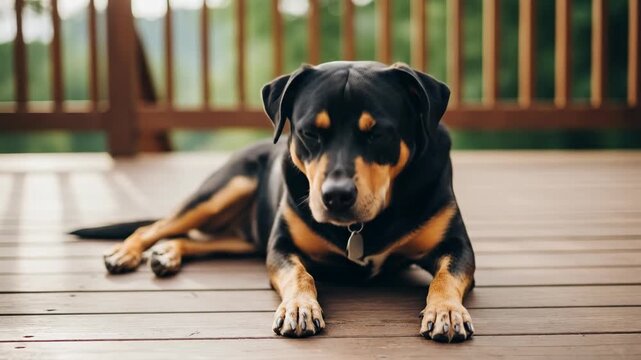 A Rottweiler dog yawns and rests on a wooden deck.