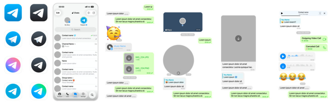 Telegram 2026 update chat UI design template with app icons in editable SVG vector format, featuring modern messaging interface screens on transparent background for UI presentation.