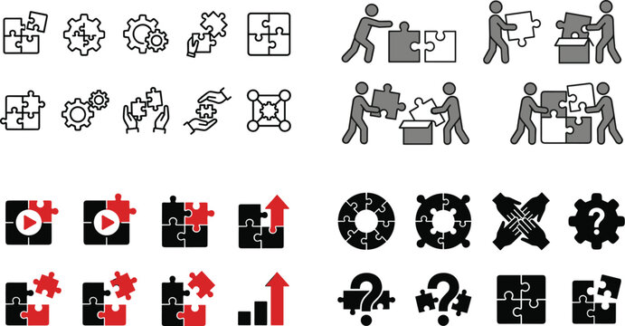 Business integration and problem solving icon set featuring puzzle pieces teamwork gears and solution concepts