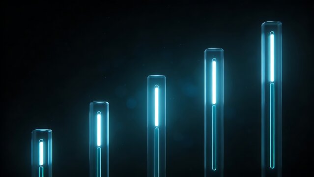 Futuristic glowing loading bars made of glass panels against dark black space background.