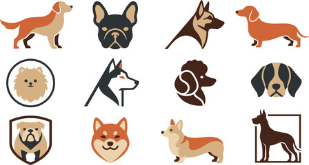 Modern Dog Breed Logo Icon Collection Featuring Bulldog, Dachshund, Husky, Shiba Inu, Corgi, and Shepherd Vector Mascot Designs © Priyanka