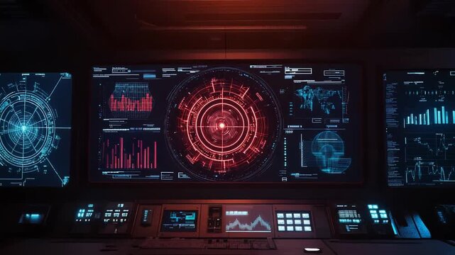 Futuristic control room presenting innovative digital interface technology displaying various data visualizations, charts, and graphs for monitoring complex operations