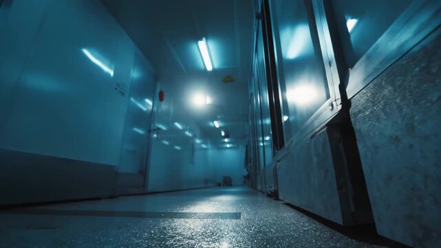 Long, empty industrial corridor creating a sense of isolation and chilling atmosphere, with a wet floor reflecting fluorescent lighting and a cold, dark blue tint