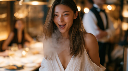 Fototapeta premium Molecular gastronomy dinner guest reacting to first taste of olive oil caviar spheres, tableside nitrogen service completing, upscale dining room intimate warm lighting, sommelier observing guest re