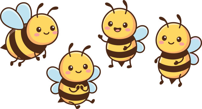 Cute honey bee cartoon characters collection vector illustration, funny bumblebee stickers set on isolated background
