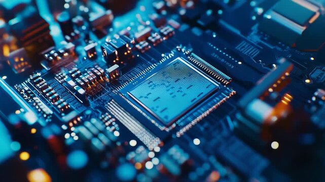Computer chip on a detailed circuit board, representing advanced technology, processing speed, digital communication, and innovation in information systems