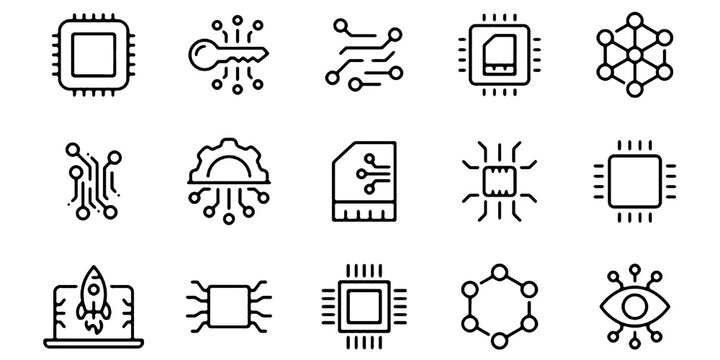 Technical and Industrial Engineering Line Icons Set. Software, Manufacturing, Chemical, Biomedical, Aerospace, Automotive and Electronic Technology Vector Illustration Collection.