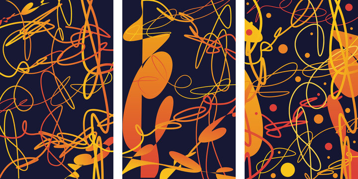 Creative colorful scribble lines background, abstract organic shapes in blue, navy, orange and yellow  pattern poster, playful doodle lines graphic banner illustration.