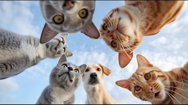 Pets gather under clear sky for friendly meeting and interactions in bright outdoor space