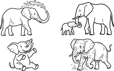 Elephant Family Outline Collection with Cute Baby Elephants, Wildlife Line Art, and Safari Animal Vector Illustration Set © Priyanka