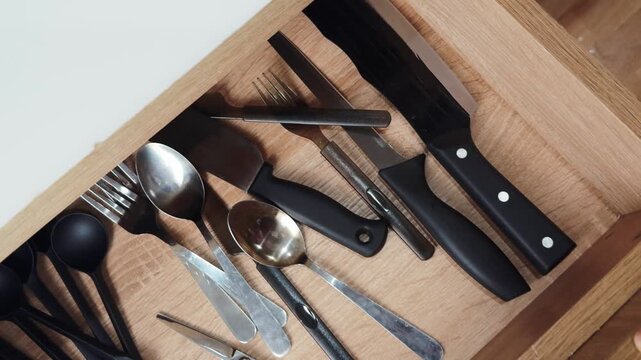 Kitchen drawer displaying assorted metal and black plastic handle cutlery and utensils including various knives, forks, and spoons, organized within a wooden insert