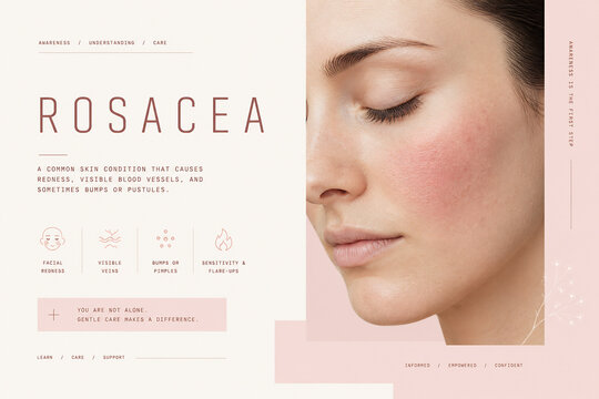A close-up of a woman's face with text overlay discussing rosacea.