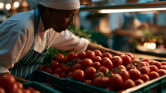 Commercial kitchen chef prepping large batch of roasted tomato sauce using bushels of late-summer harvest produce, stainless prep tables stacked with crates, sous chef visible blanching vegetables o
