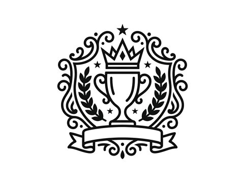 Award crest with trophy crown laurels ribbon banner line art champion achievement