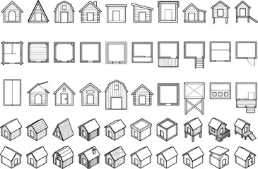 Fototapeta premium A collection of architectural building plans, house elevations, and isometric views, showcasing various construction designs and blueprints for residential structures.
