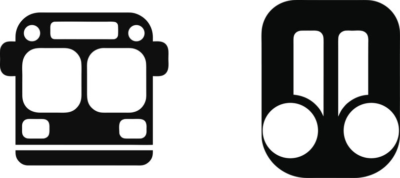 Collection of public transportation icons including bus front view and train graphic isolated on transparent background set.