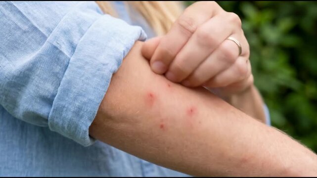 Close-up of a woman scratching itchy red mosquito bites and bleeding scratches on her arm outdoors