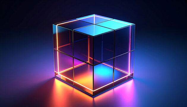 A futuristic cube glows with neon lights on a dark surface