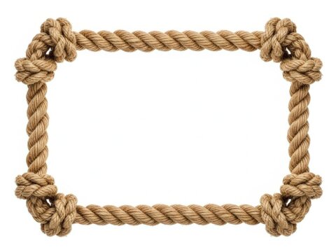 Rectangular frame made of thick brown nautical rope with knots on all four corners