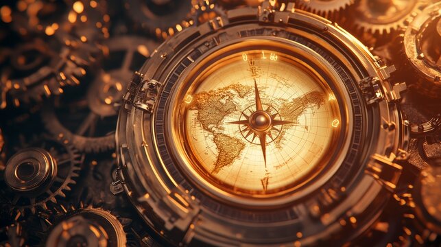 Golden compass with world map navigating among intricate clockwork gears, symbolizing global exploration, discovery, and the interconnectedness of time and navigation
