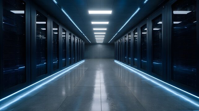 A long empty corridor defined by glowing blue floor lighting and futuristic architectural design