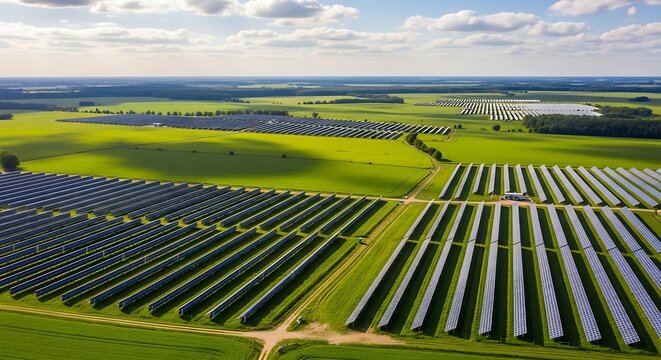 Solar Panel Farm, Green Energy, Renewable Power, Aerial View