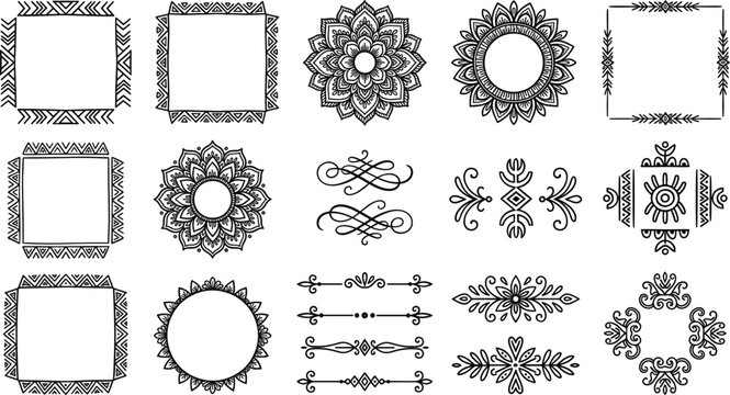 Tribal boho frame collection with hand drawn mandala circles ethnic shapes and text dividers vectorTribal boho frame collection with hand drawn mandala circles ethnic shapes and text dividers vector