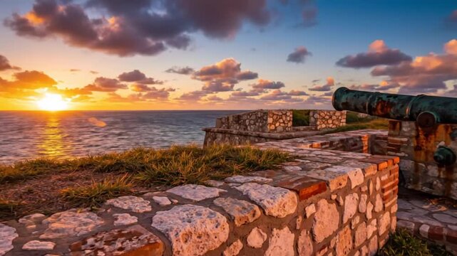 Scenic cannon overlooking the ocean at sunset with beautiful clouds and golden light on the stone walls