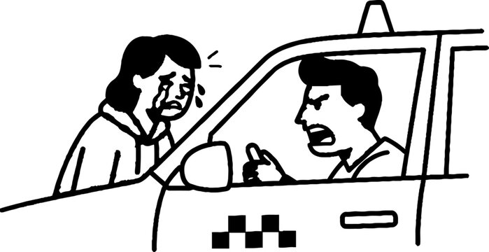 Frustrated taxi driver and passenger argument inside car.