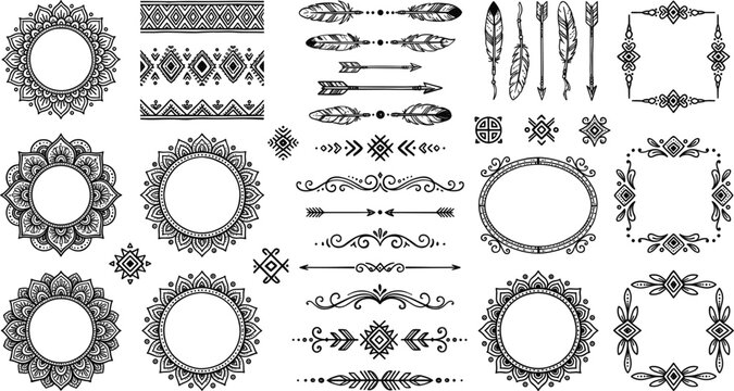 Tribal boho frame collection with hand drawn mandala circles ethnic arrows and text dividers vectorTribal boho frame collection with hand drawn mandala circles ethnic arrows and text dividers vector