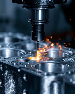 Hybrid engine block machining process with focus on innovative CNC tools shaping composite metal parts demonstrating modern manufacturing efficiency and precision control.
