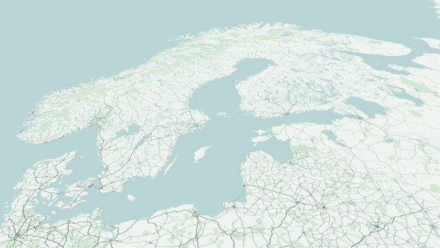 Modern minimalist vector map of the Scandinavian region. High-quality scalable illustration of Scandinavia continental grid, Norwegian fjords, Swedish lakes, Baltic Sea for posters and design.