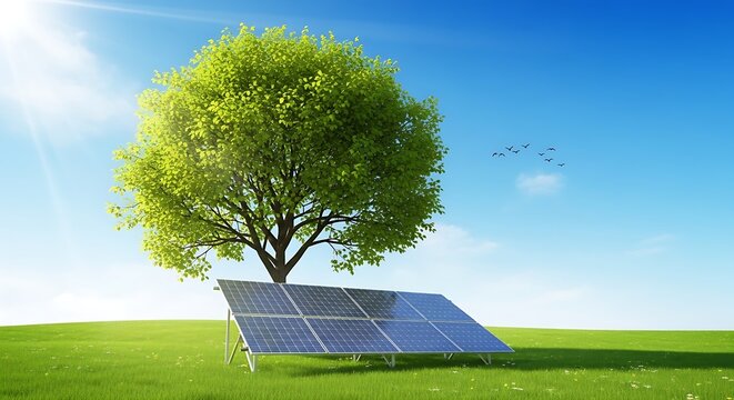 Green tree growing above blue solar panel array on grass, renewable energy and sustainable electricity concept isolated on white background, PNG cutout