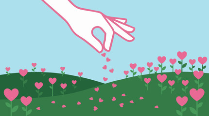 Obraz premium Generous hand scattering heart seeds in a blooming heart garden